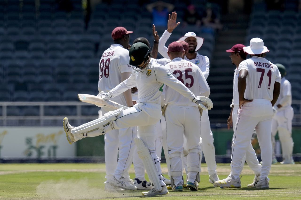 Agony and ecstasy: Ryan Rickelton and the West Indies players display contrasting emotions , South Africa vs West Indies, 2nd Test, Johannesburg, 3rd day, March 10, 2023