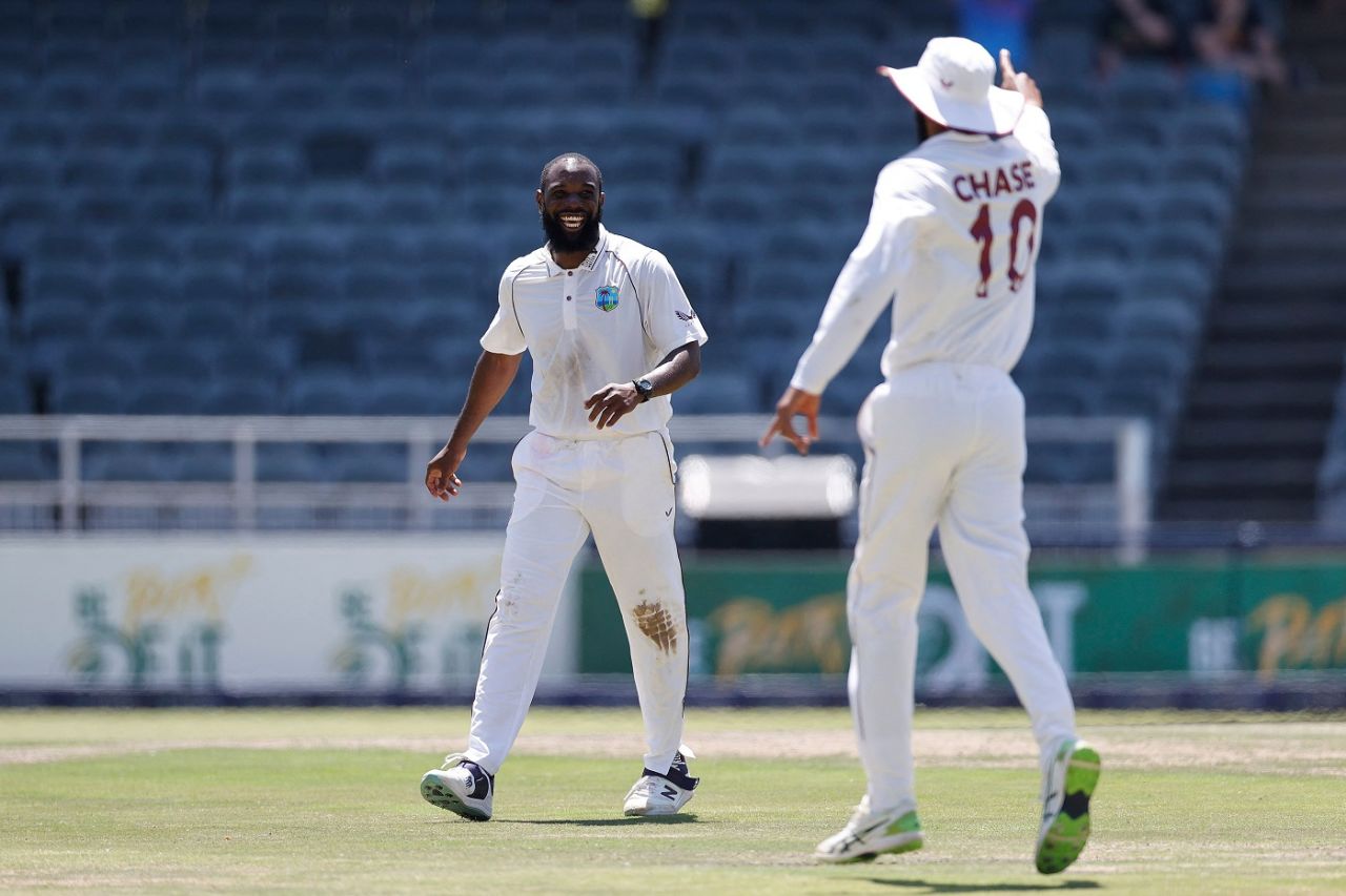 Raymon Reifer is all smiles after dismissing Ryan Rickelton , South Africa vs West Indies, 2nd Test, Johannesburg, 3rd day, March 10, 2023