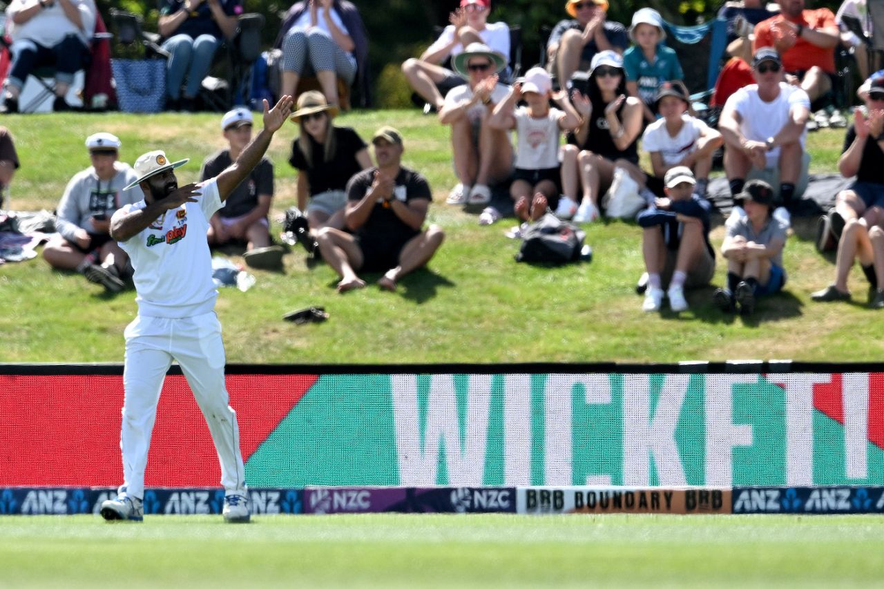 Lahiru Kumara celebrates after taking a stunning catch, New Zealand vs Sri Lanka, 1st Test, Christchurch, 3rd day, March 11, 2023