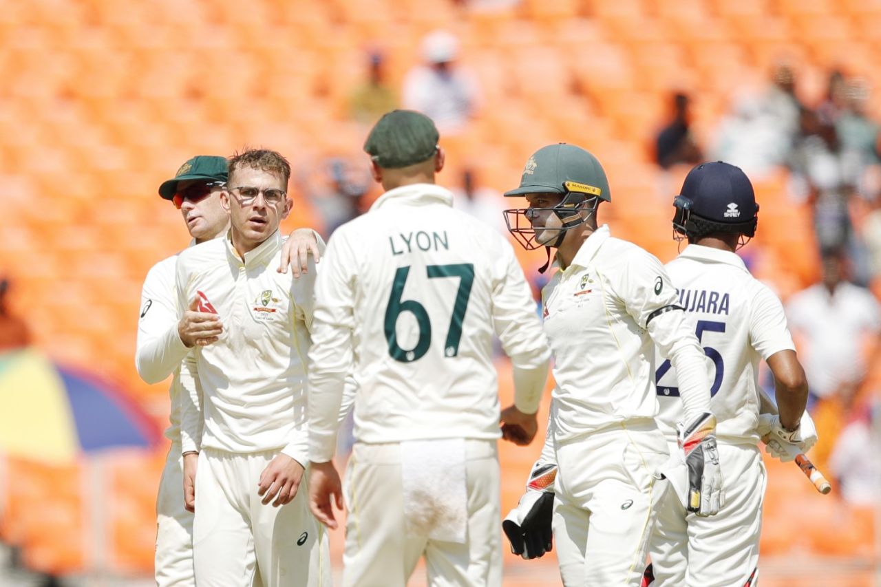 Todd Murphy celebrates the wicket of Cheteshwar Pujura, India vs Australia, 4th Test, Ahmedabad, 3rd day, March 11, 2023