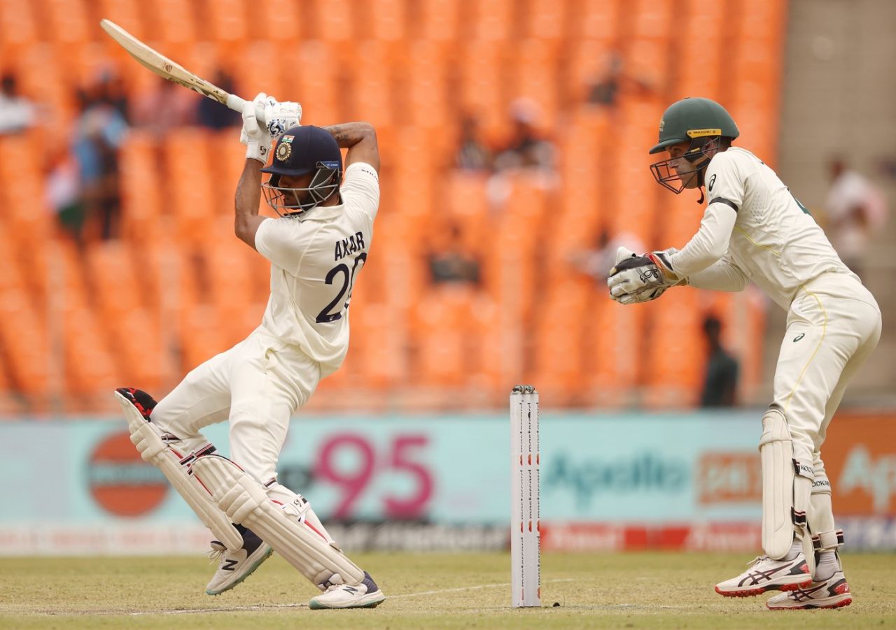 Axar Patel slices a ball through point off the back foot, India vs Australia, 4th Test, Ahmedabad, 4th day, March 12, 2023