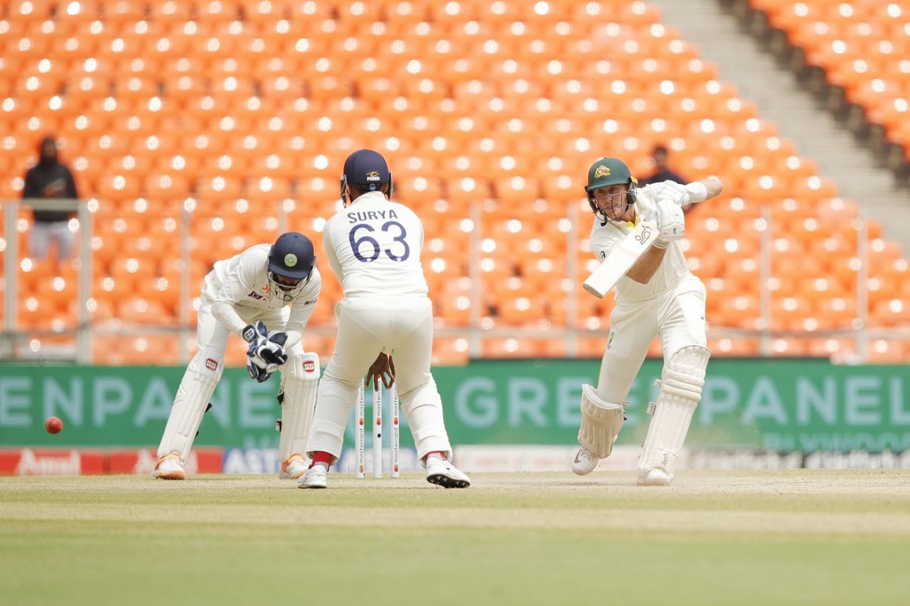 Marnus Labuschagne leans into a drive, India vs Australia, 4th Test, Ahmedabad, 5th day, March 13, 2023