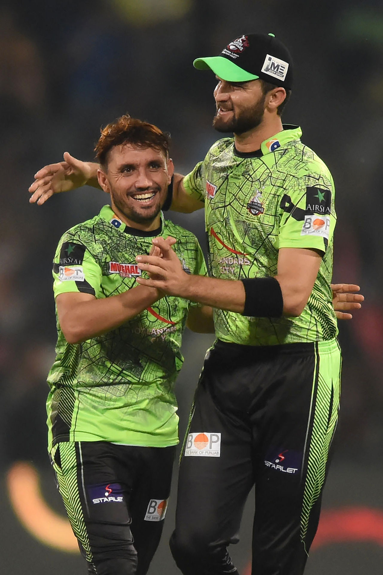 Zaman Khan celebrates with Shaheen Shah Afridi, Lahore Qalandars vs Multan Sultans, PSL, Lahore, March 15, 2023