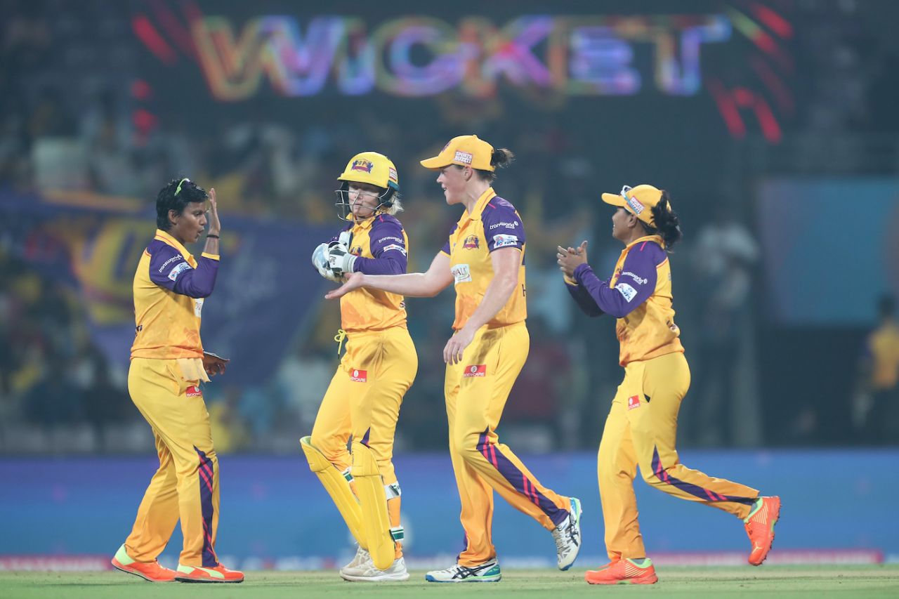 Deepti Sharma, Alyssa Healy and Grace Harris celebrate, Royal Challengers Bangalore vs UP Warriorz, WPL, DY Patil Stadium Mumbai, March 15, 2023