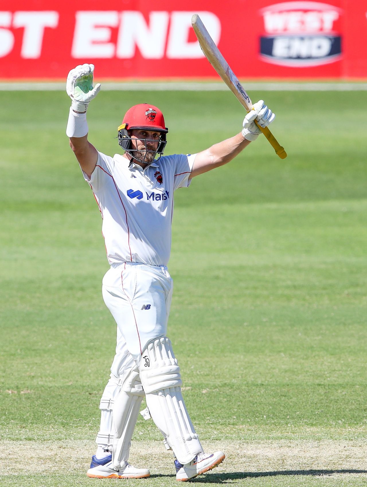 Jake Lehmann celebrates his century, South Australia vs New South Wales, Sheffield Shield, Karen Rolton Oval, March 16, 2023