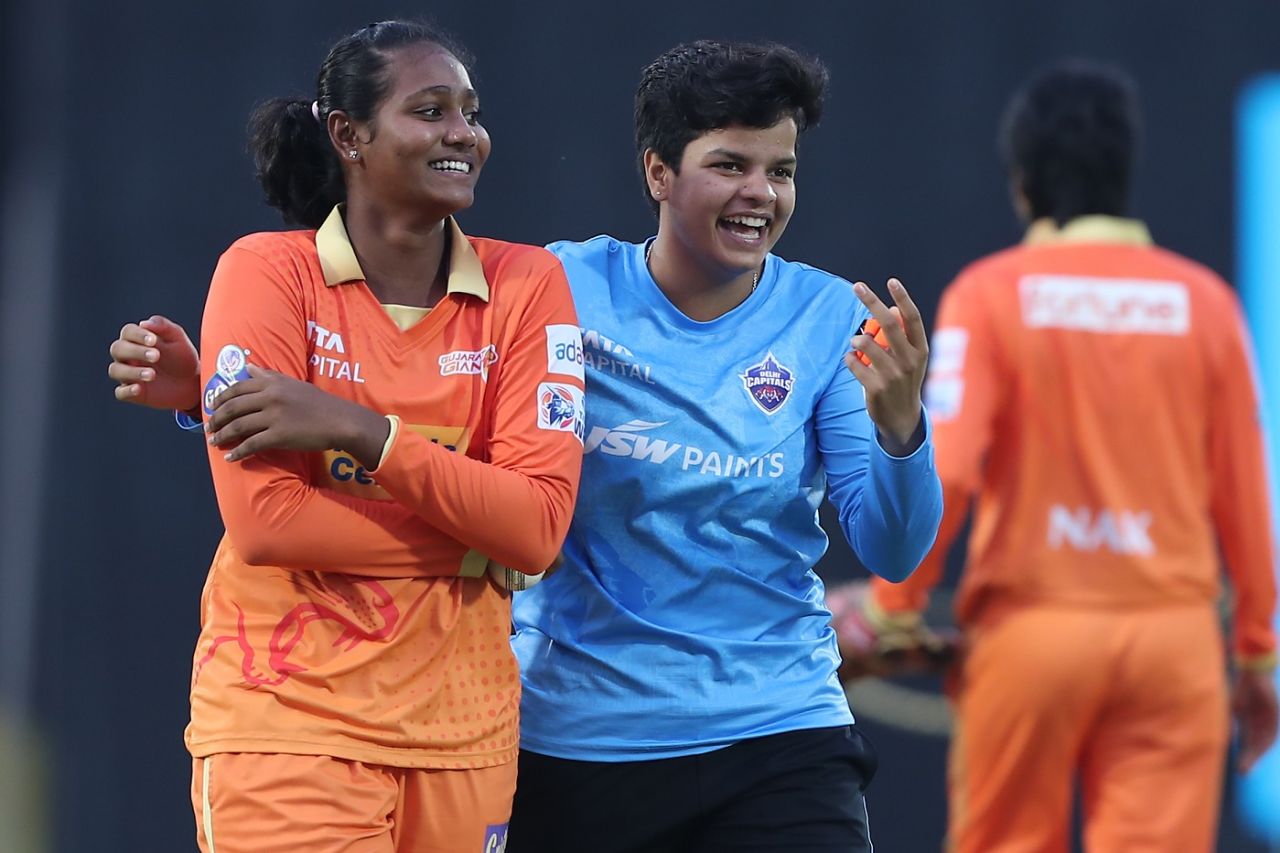 Shabnam MD and Shafali Verma have a laugh ahead of the game, Delhi Capitals vs Gujarat Giants, WPL 2023, Brabourne Stadium, Mumbai, March 16, 2023