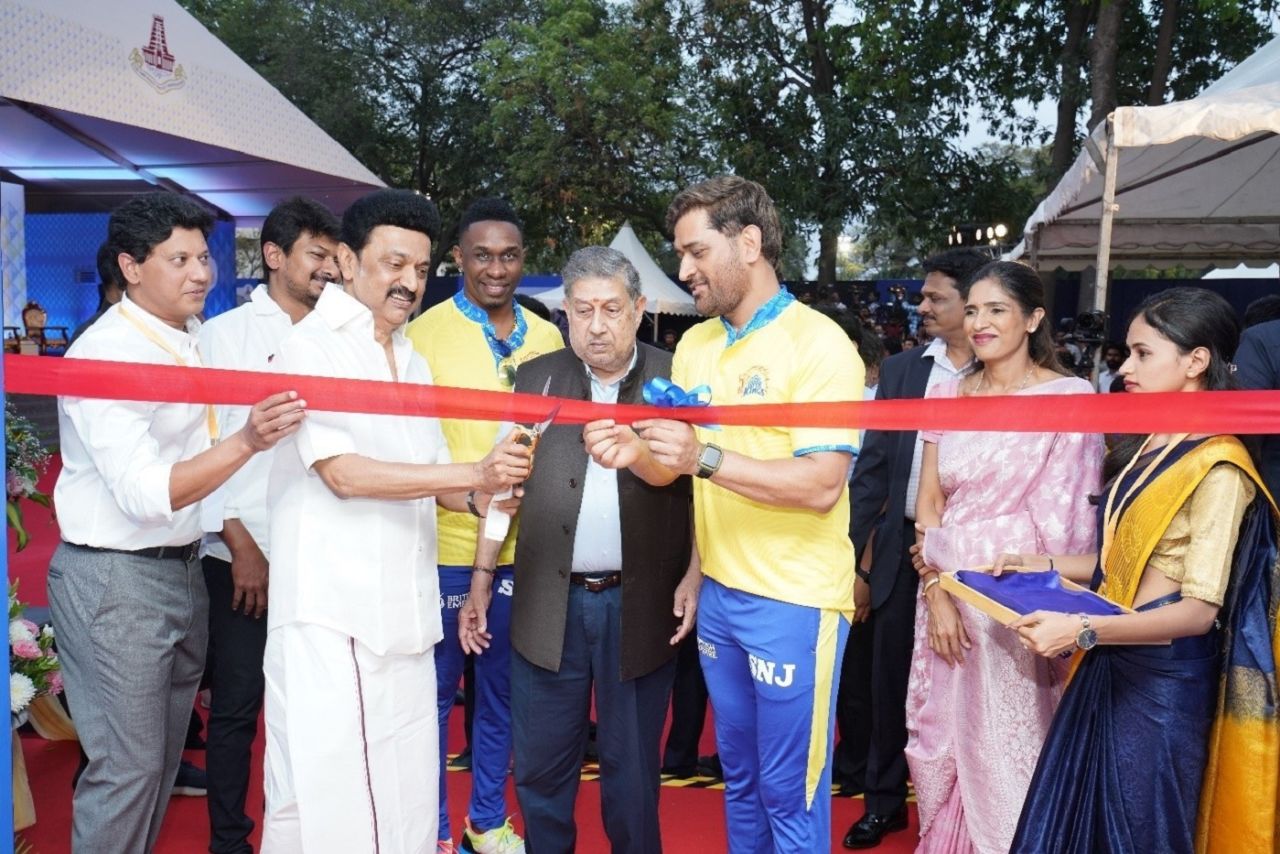 MS Dhoni, N Srinivasan and Dwayne Bravo at the inauguration of the newly constructed stand at Chepauk, Chennai, March 17, 2023