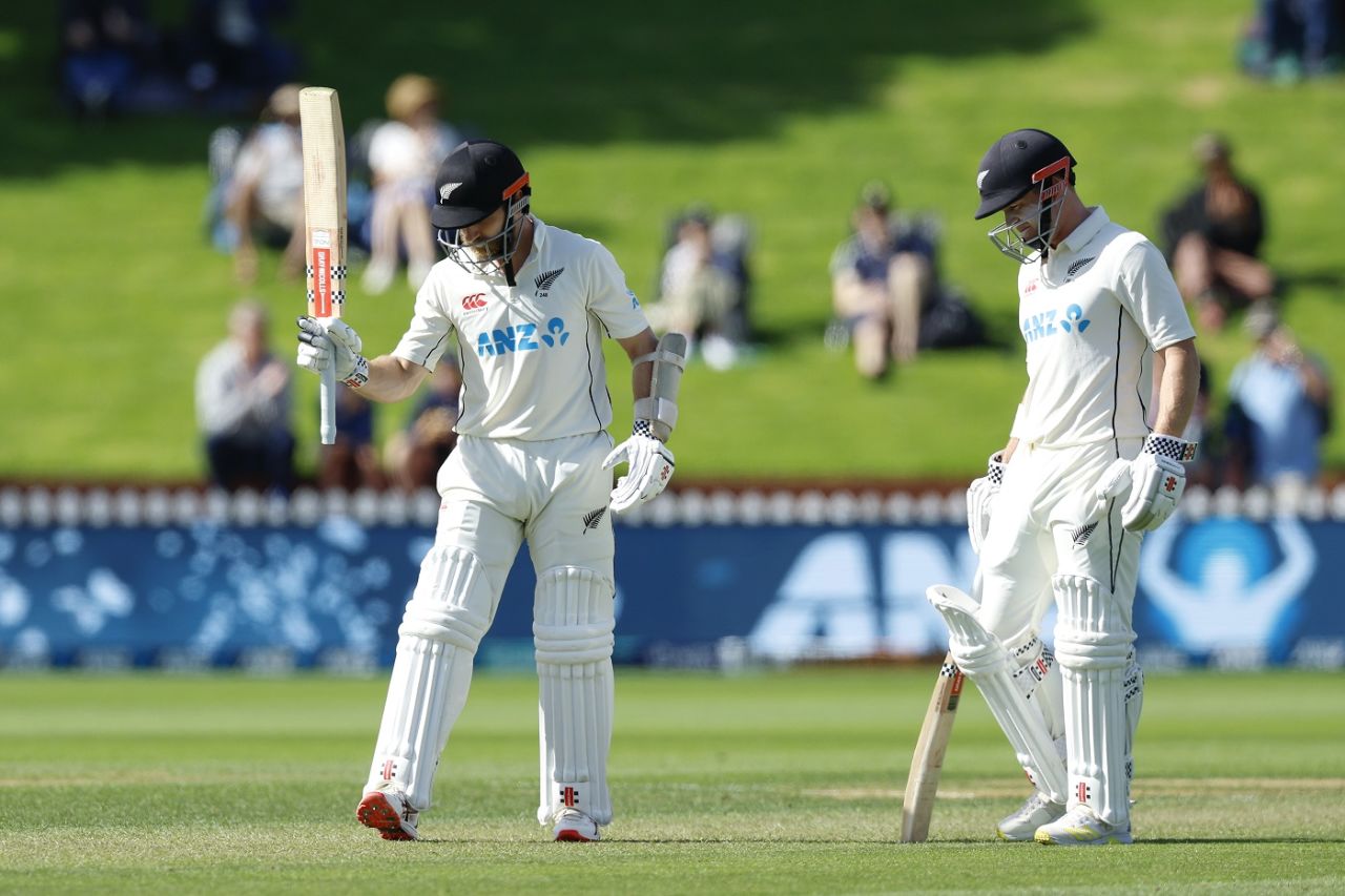 Kane Williamson raises his bat as Henry Nicholls looks on, New Zealand vs Sri Lanka, 2nd Test, Wellington, 2nd day, March 18, 2023