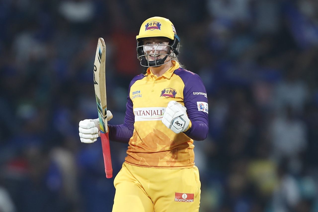 Sophie Ecclestone celebrates after hitting the winning runs, Mumbai Indians vs UP Warriorz, Women's Premier League, Navi Mumbai, March 18, 2023