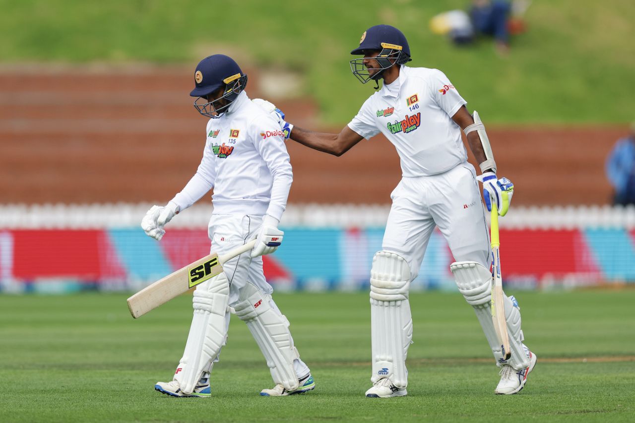 Kasun Rajitha gives Dhananjaya de Silva a pat on the back, New Zealand vs Sri Lanka, 2nd Test, 4th day, Wellington, March 20, 2023