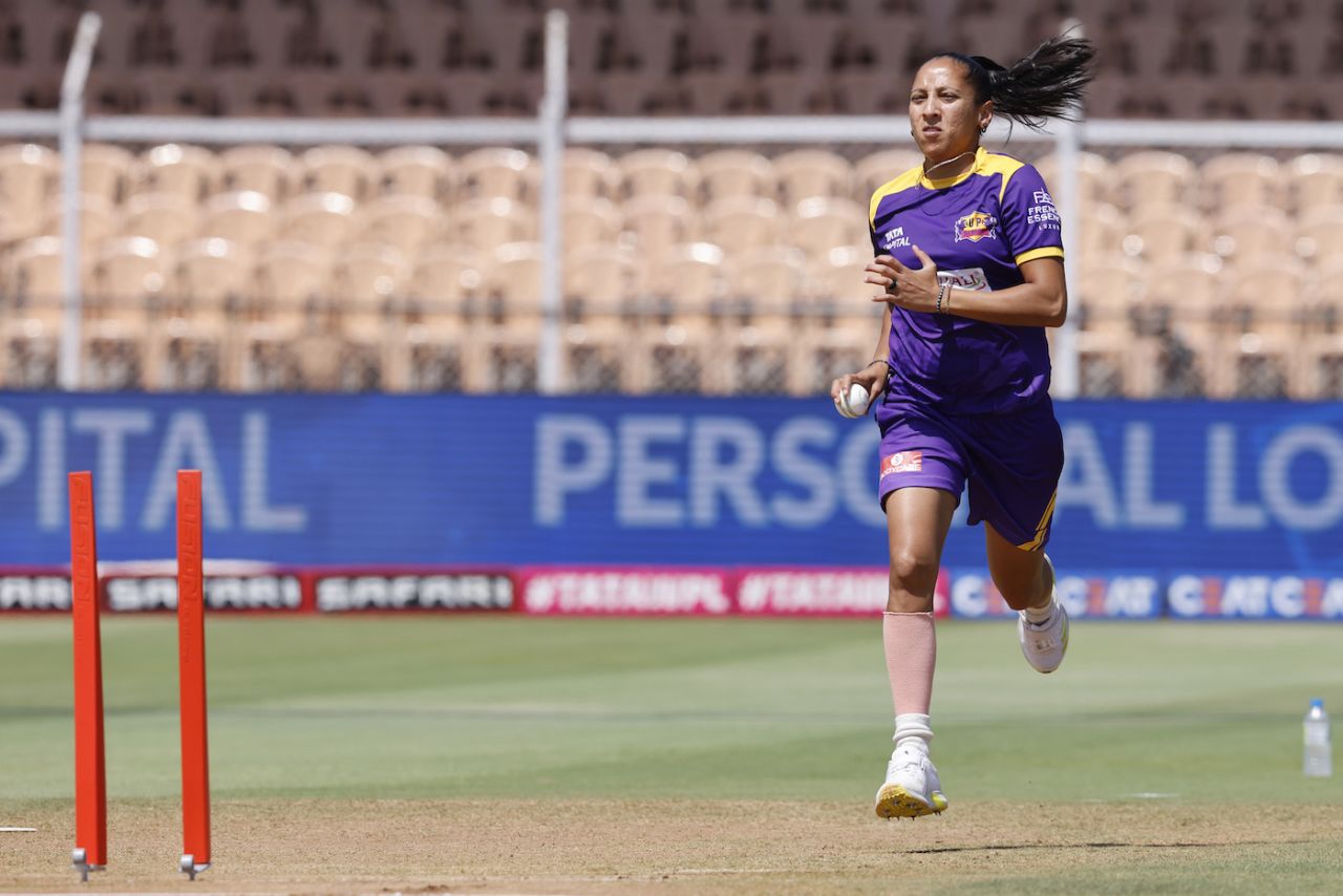 Shabnim Ismail goes through her paces before the game, Gujarat Giants vs UP Warriorz, WPL 2023, Mumbai, March 20, 2023