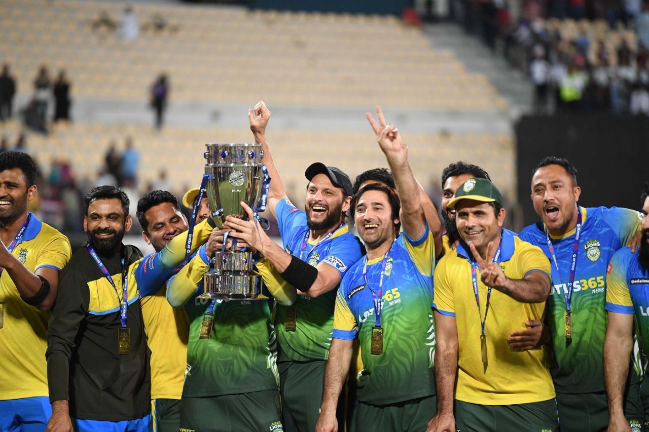 Asia Lions' captain Shahid Afridi lifts the Legends League Cricket trophy, World Giants vs Asia Lions, Legends League Cricket, Final, March 20, 2023
