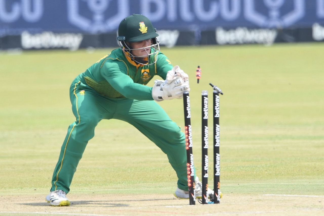 Ryan Rickelton had a good day behind the stumps, effecting two stumpings, a run out and a catch, South Africa vs West Indies, 3rd ODI, Potchefstroom, March 21, 2023