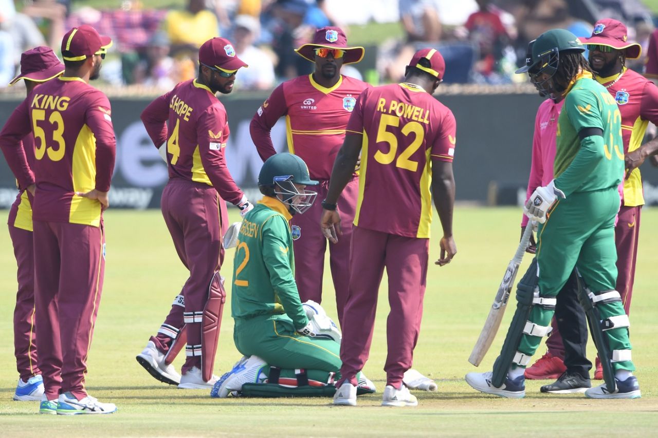 Rassie van der Dussen was struck flush on the lower jaw by a stray throw, South Africa vs West Indies, 3rd ODI, Potchefstroom, March 21, 2023
