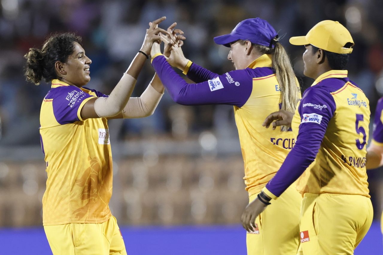 S Yashasri celebrates after removing Shafali Verma, Delhi Capitals vs UP Warriorz, Women's Premier League 2023, Brabourne Stadium, Mumbai, March 21, 2023