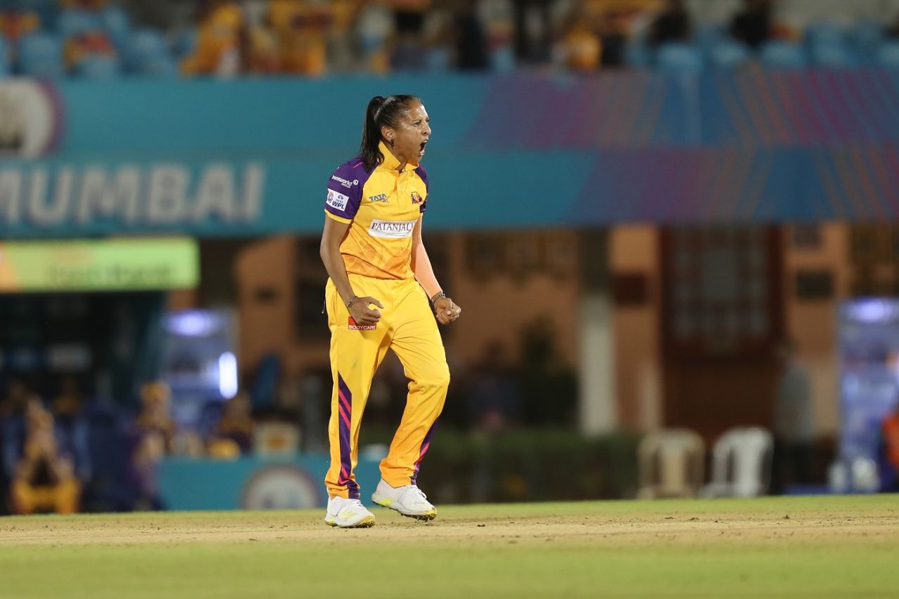 Shabnim Ismail celebrates after dismissing Jemimah Rodrigues, Delhi Capitals vs UP Warriorz, Women's Premier League 2023, Brabourne Stadium, Mumbai, March 21, 2023