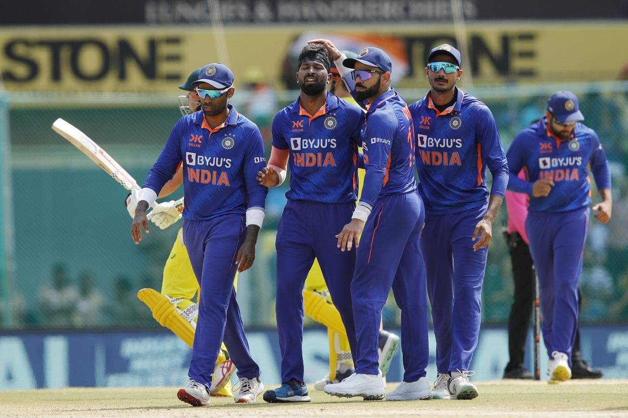 Hardik Pandya is mobbed by team-mates, India vs Australia, 3rd ODI, Chennai, March 22, 2023