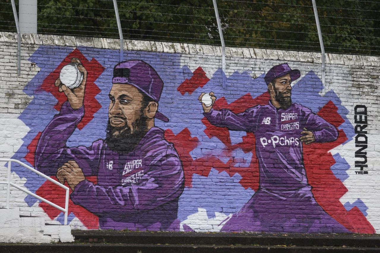 A mural of Adil Rashid on a wall of Park Avenue Cricket Ground, Bradford, November 10, 2021
