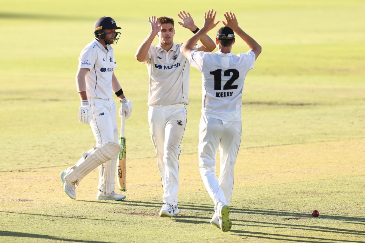 Aaron Hardie celebrates the wicket of Fergus O'Neill, Western Australia vs Victoria, Sheffield Shield final, day 1, WACA Ground, Perth, March 23, 2023