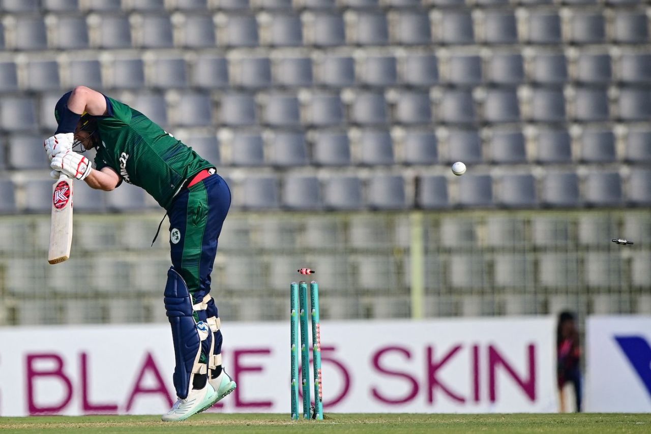 Mark Adair had his stumps rattled by Taskin Ahmed, Bangladesh vs Ireland, 3rd ODI, Sylhet, March 23, 2023