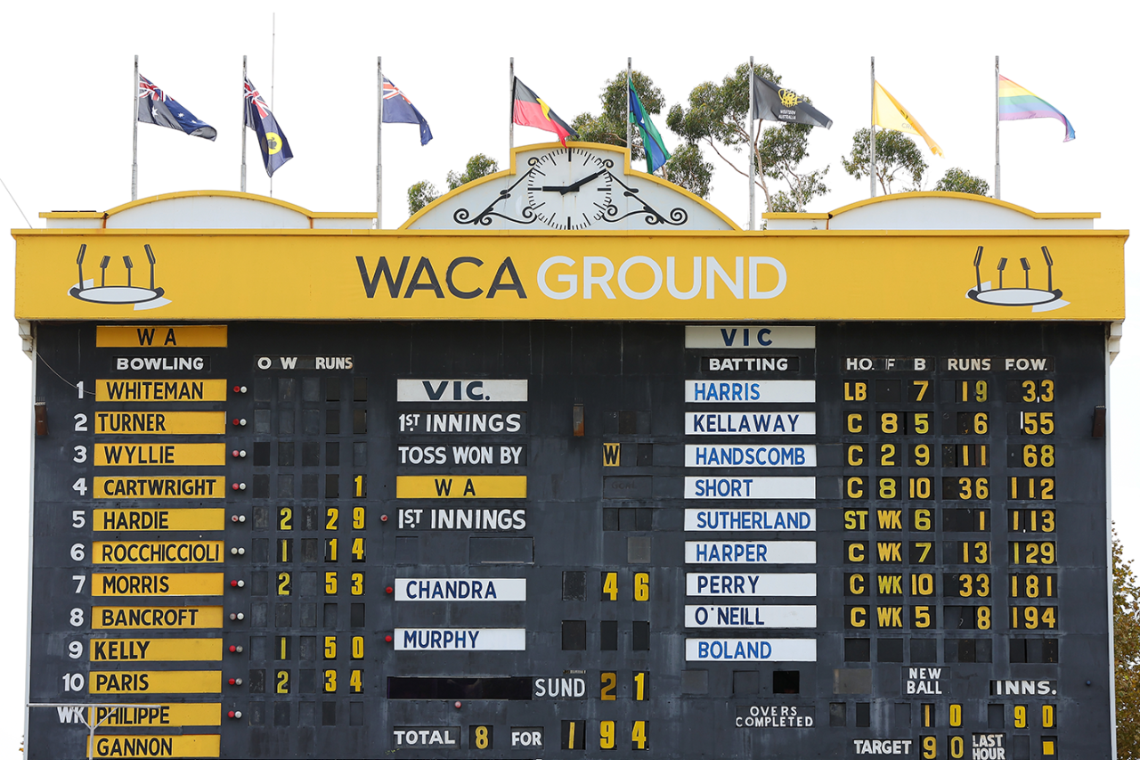 The WACA scoreboard, Western Australia vs Victoria, Sheffield Shield, Final, WACA, March 24, 2023