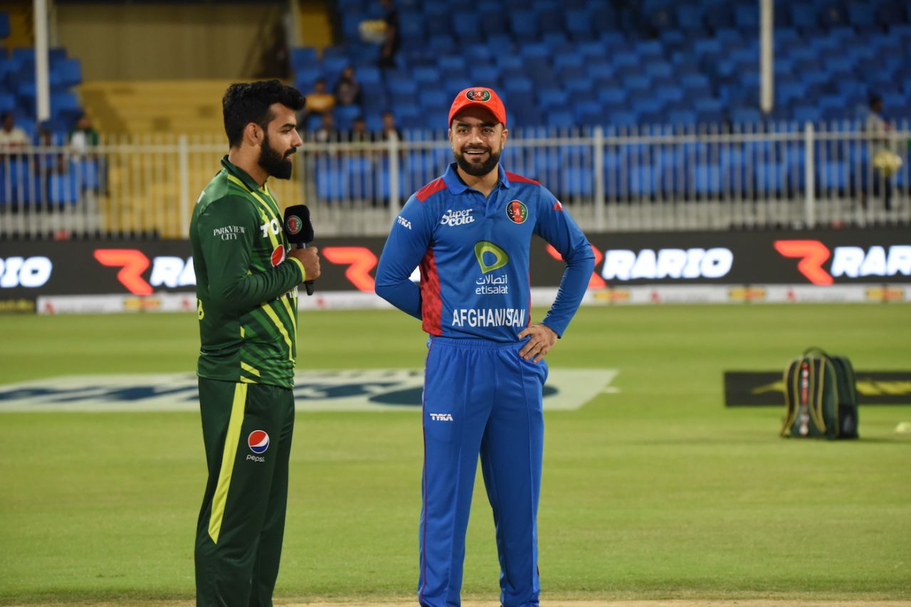 Shadab Khan and Rashid Khan chat at the toss, Afghanistan vs Pakistan, 1st T20I, Sharjah, March 24, 2023