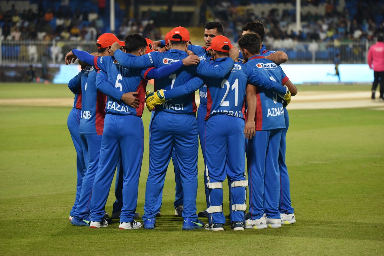 Afghanistan's players get into a huddle, Afghanistan vs Pakistan, 1st T20I, Sharjah, March 24, 2023