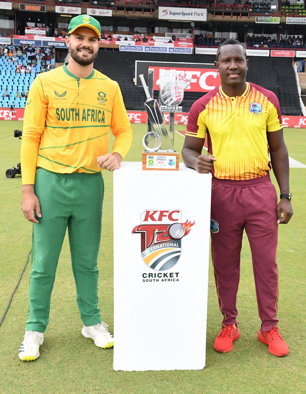 New captains Aiden Markram and Rovman Powell at the toss, South Africa vs West Indies, 1st T20I, Centurion, March 25, 2023