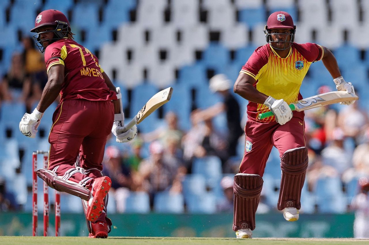 Johnson Charles and Kyle Mayers run between the wickets, South Africa vs West Indies, 2nd T20I, Centurion, March 26, 2023