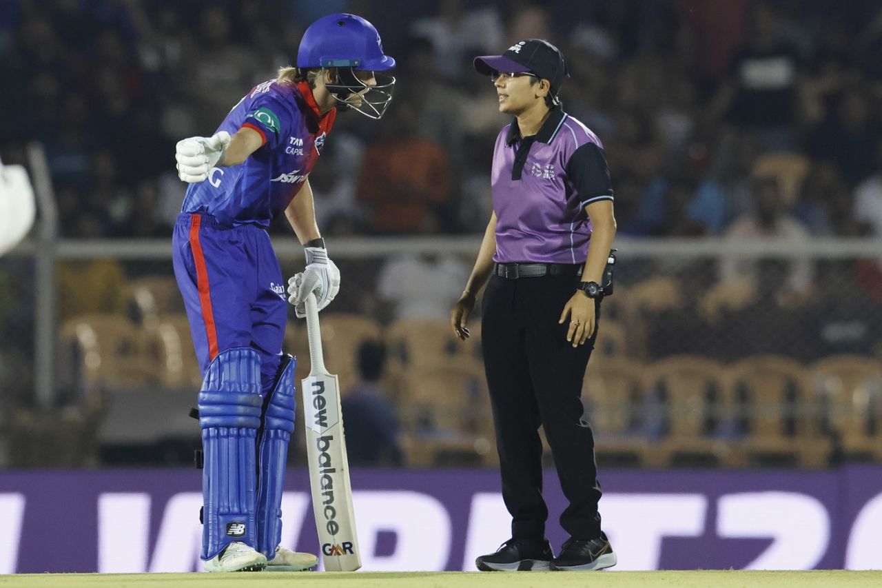 Meg Lanning checks with umpire Vrinda Rathi for a no-ball, Delhi Capitals vs Mumbai Indians, final, Brabourne, Women's Premier League, March 26, 2023