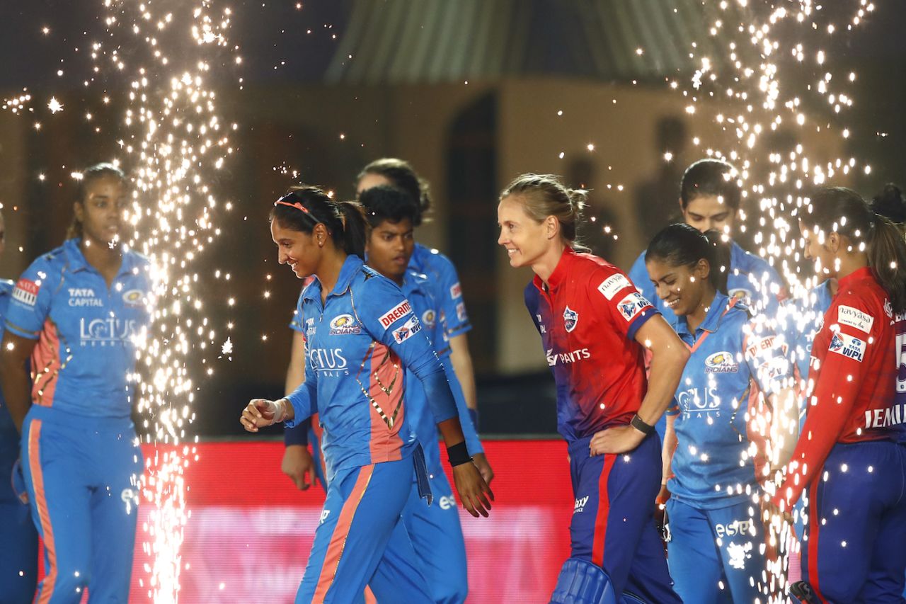 Harmanpreet Kaur and Meg Lanning walk out amid the fireworks, Delhi Capitals vs Mumbai Indians, WPL 2023 final, Mumbai, March 26, 2023