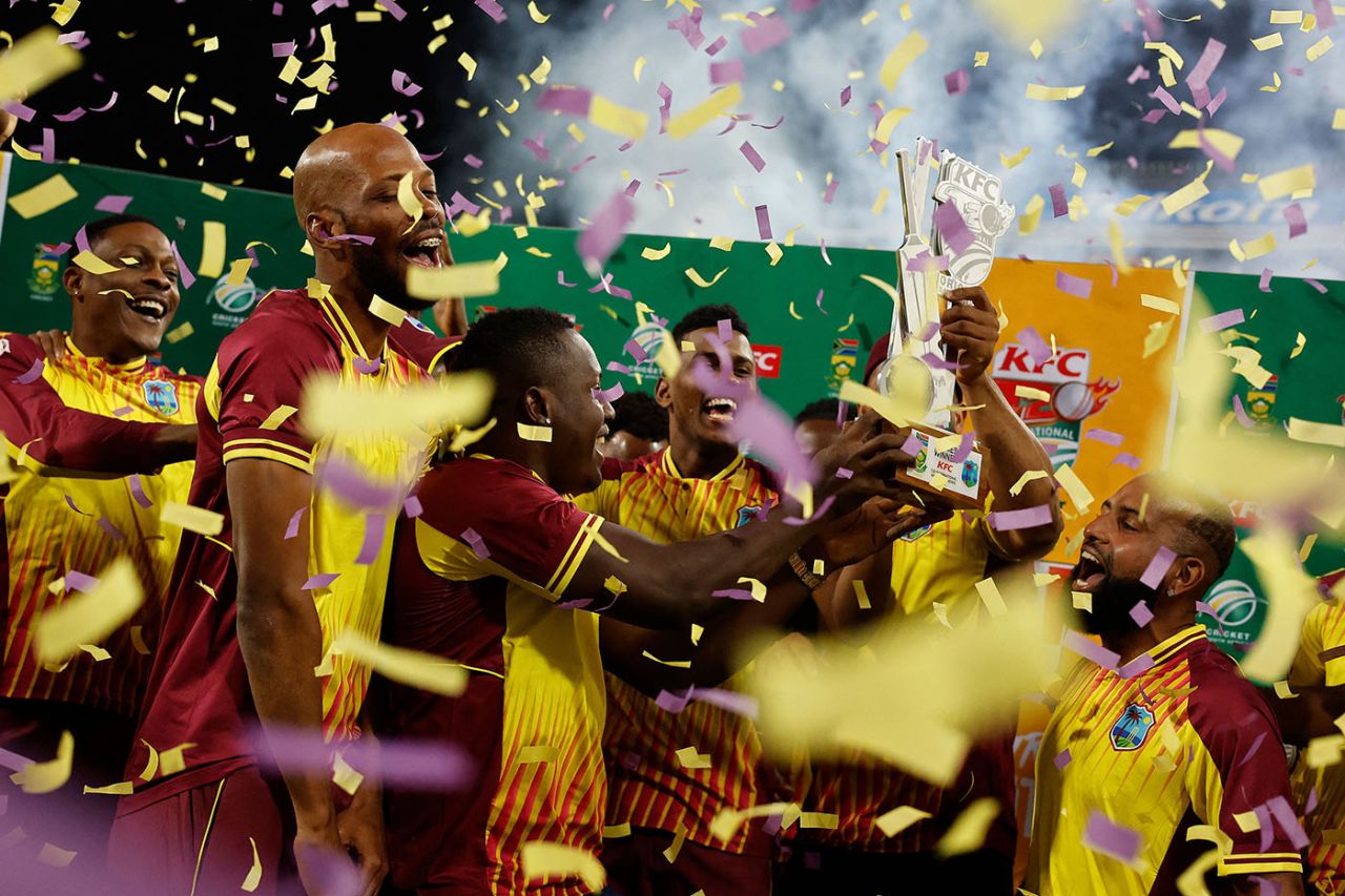 West Indies celebrate on the podium after sealing the T20I series, South Africa vs West Indies, 3rd T20I, Johannesburg, March 28, 2023