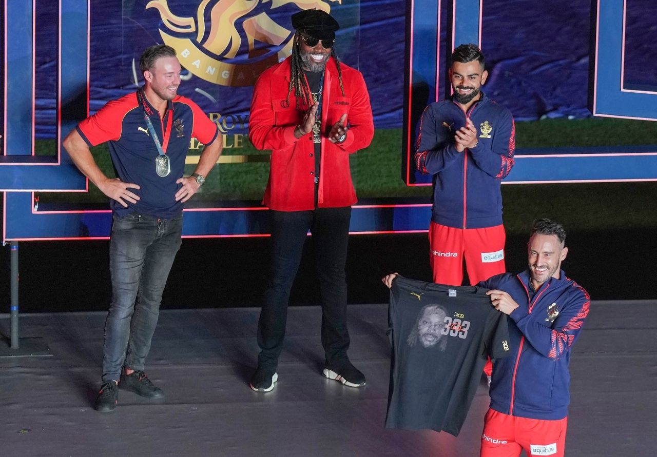 AB de Villiers, Chris Gayle, Virat Kohli and Faf du Plessis at the RCB Unbox event, Bengaluru, March 26, 2023