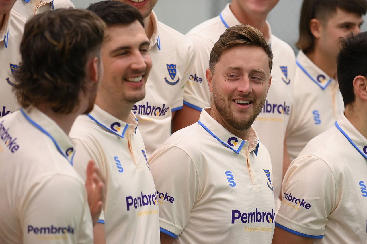 Ollie Robinson shares a lighter moment with Steven Finn at Sussex's media day, Hove, March 29, 2023