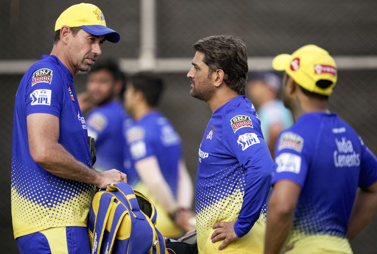 Coach Stephen Fleming and MS Dhoni talk things out before the opener, IPL 2023, Ahmedabad, March 30, 2023