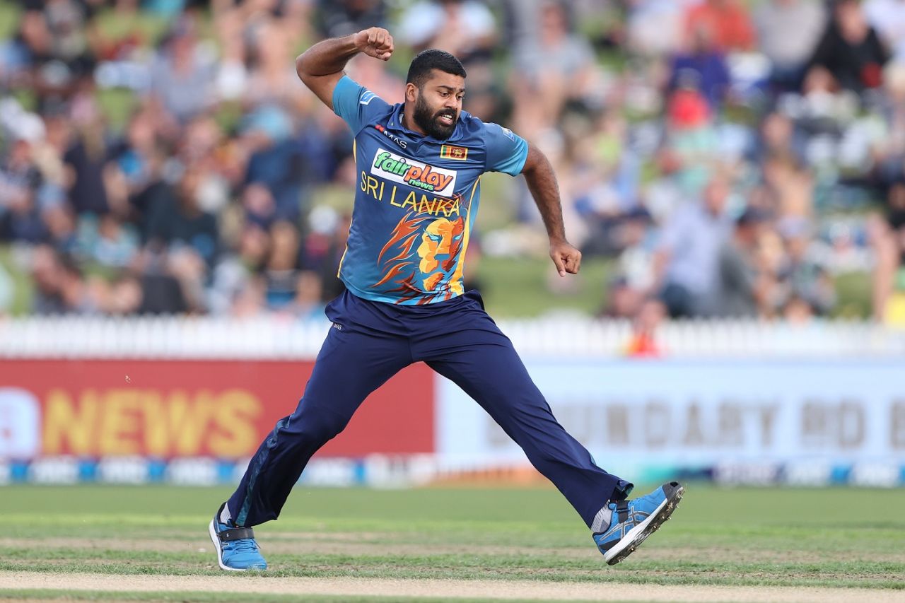 Lahiru Kumara is pumped after getting Chad Bowes to nick off, New Zealand vs Sri Lanka, 3rd ODI, Hamilton, March 31, 2023