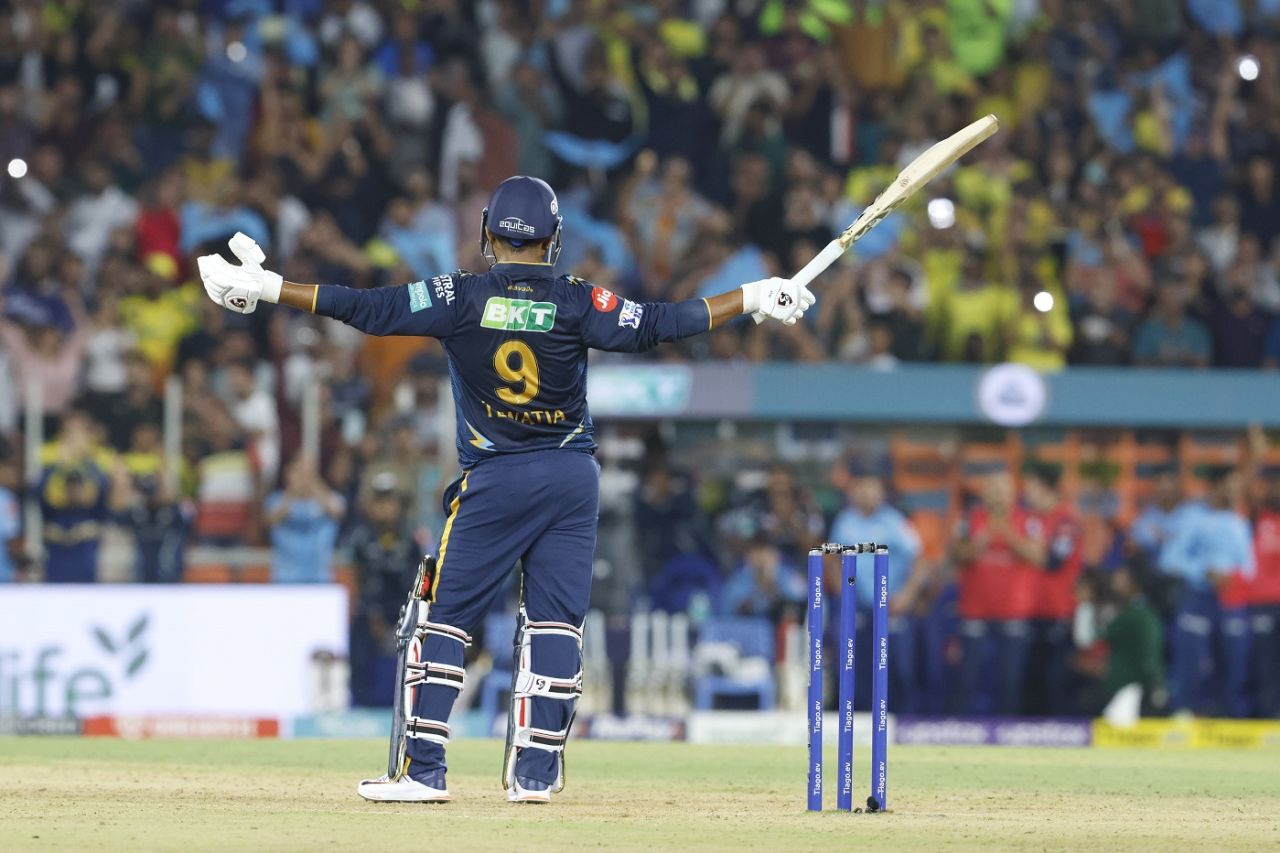 Rahul Tewatia celebrates after hitting the winning runs, Gujarat Titans vs Chennai Super Kings, IPL 2023, Ahmedabad, March 31, 2023