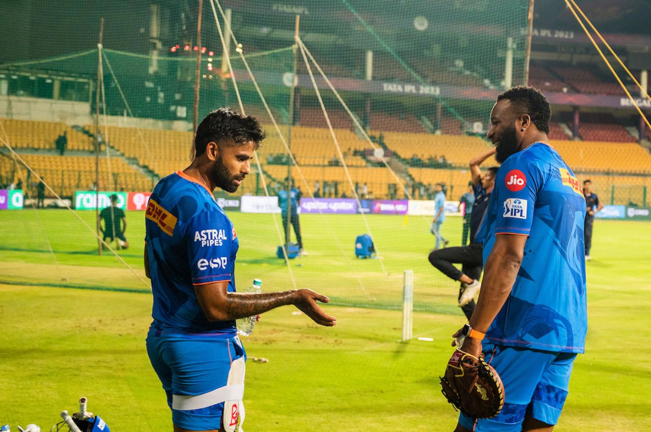 Suryakumar Yadav and batting coach Kieron Pollard at the Chinnaswamy nets, IPL 2023, Bengaluru, March 31, 2023