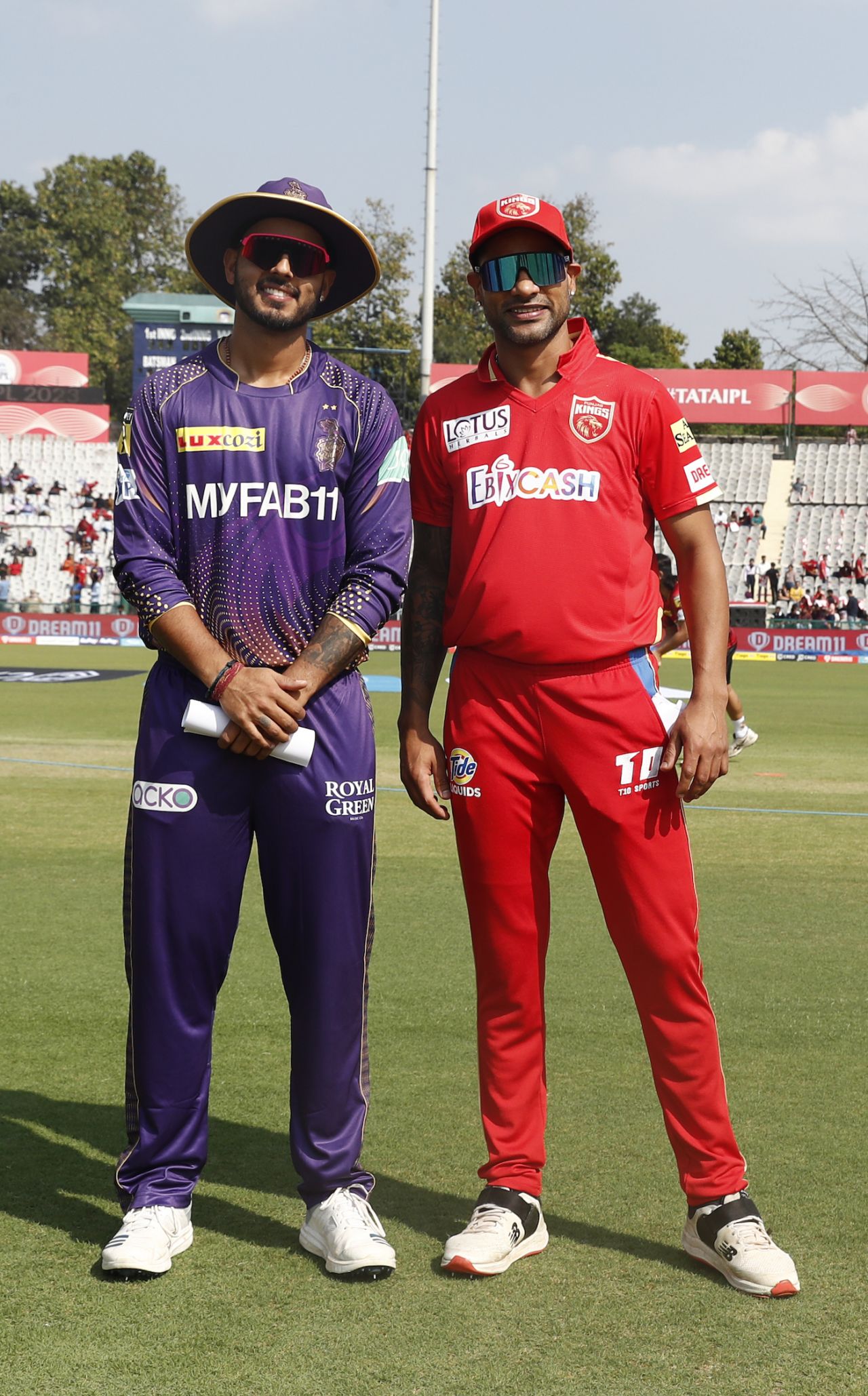Nitish Rana and Shikhar Dhawan pose after the toss, Punjab Kings vs Kolkata Knight Riders, IPL 2023, Mohali, April 1, 2023