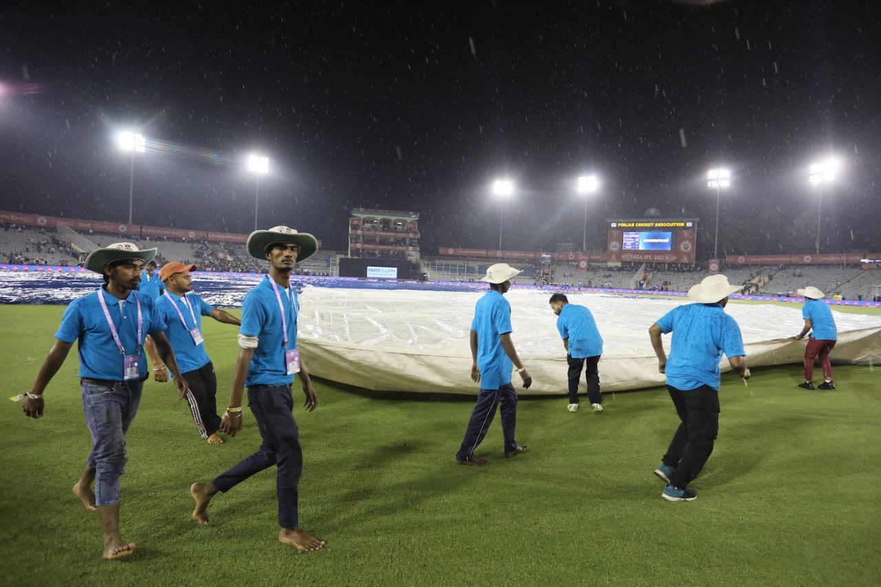 Rain, as forecast, came down towards the scheduled close of the game, Punjab Kings vs Kolkata Knight Riders, IPL 2023, Mohali, April 1, 2023@