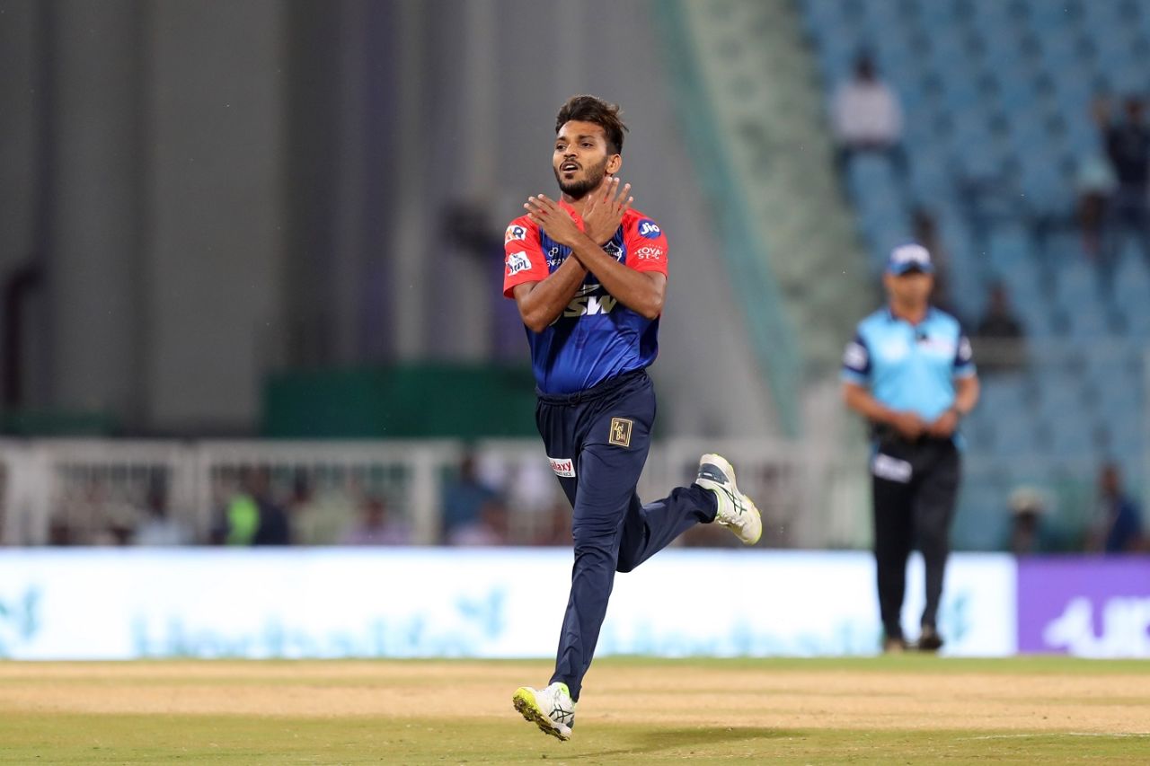 Chetan Sakariya celebrates KL Rahul's wicket, Lucknow Super Giants vs Delhi Capitals, IPL 2023, Lucknow, April 1, 2023