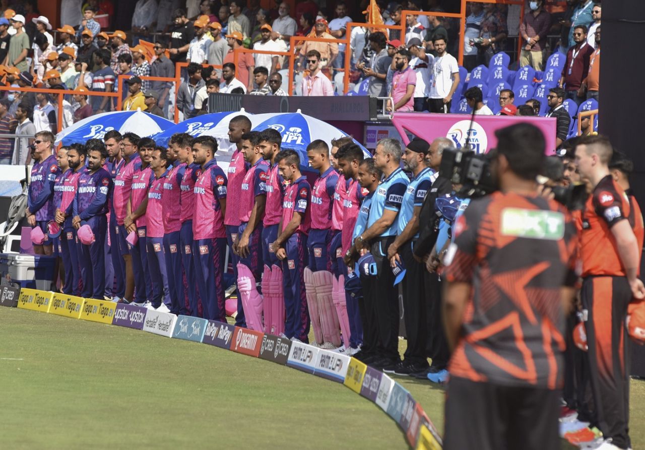 Players observed a minute's silence in memory of Salim Durani, who passed away earlier in the day, Sunrisers Hyderabad vs Rajasthan Royals, IPL 2023, Hyderabad, April 2, 2023