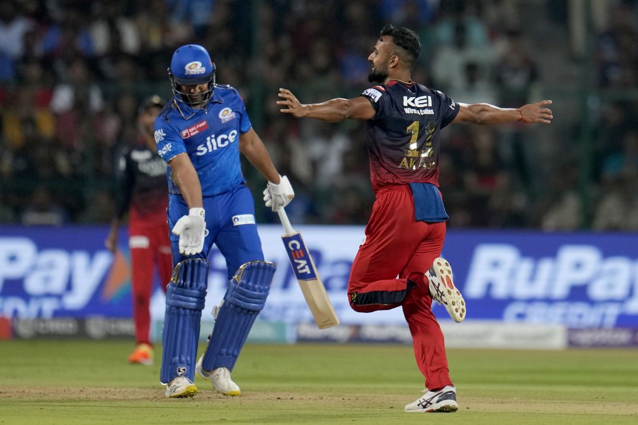 Akash Deep celebrates after getting the better of Rohit Sharma, Royal Challengers Bangalore vs Mumbai Indians, IPL 2023, Bengaluru, April 2, 2023