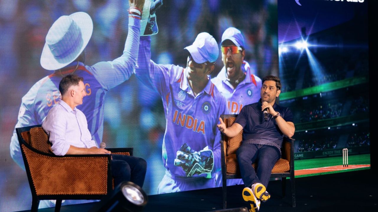 MS Dhoni in conversation with Michael Hussey at an event marking 12 years of India's 2011 World Cup triumph, Chennai, April 2, 2023