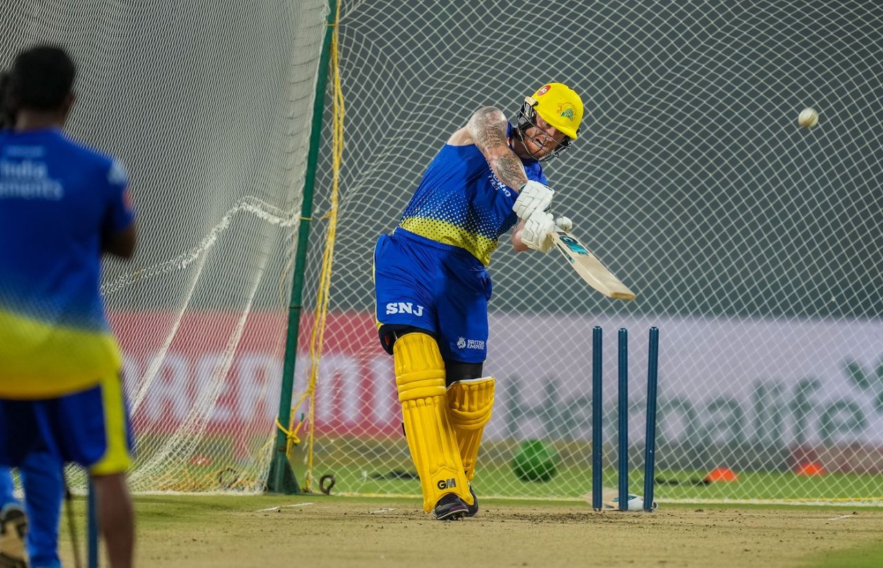 Ben Stokes hits out at the Chepauk nets, Chennai, April 2, 2023
