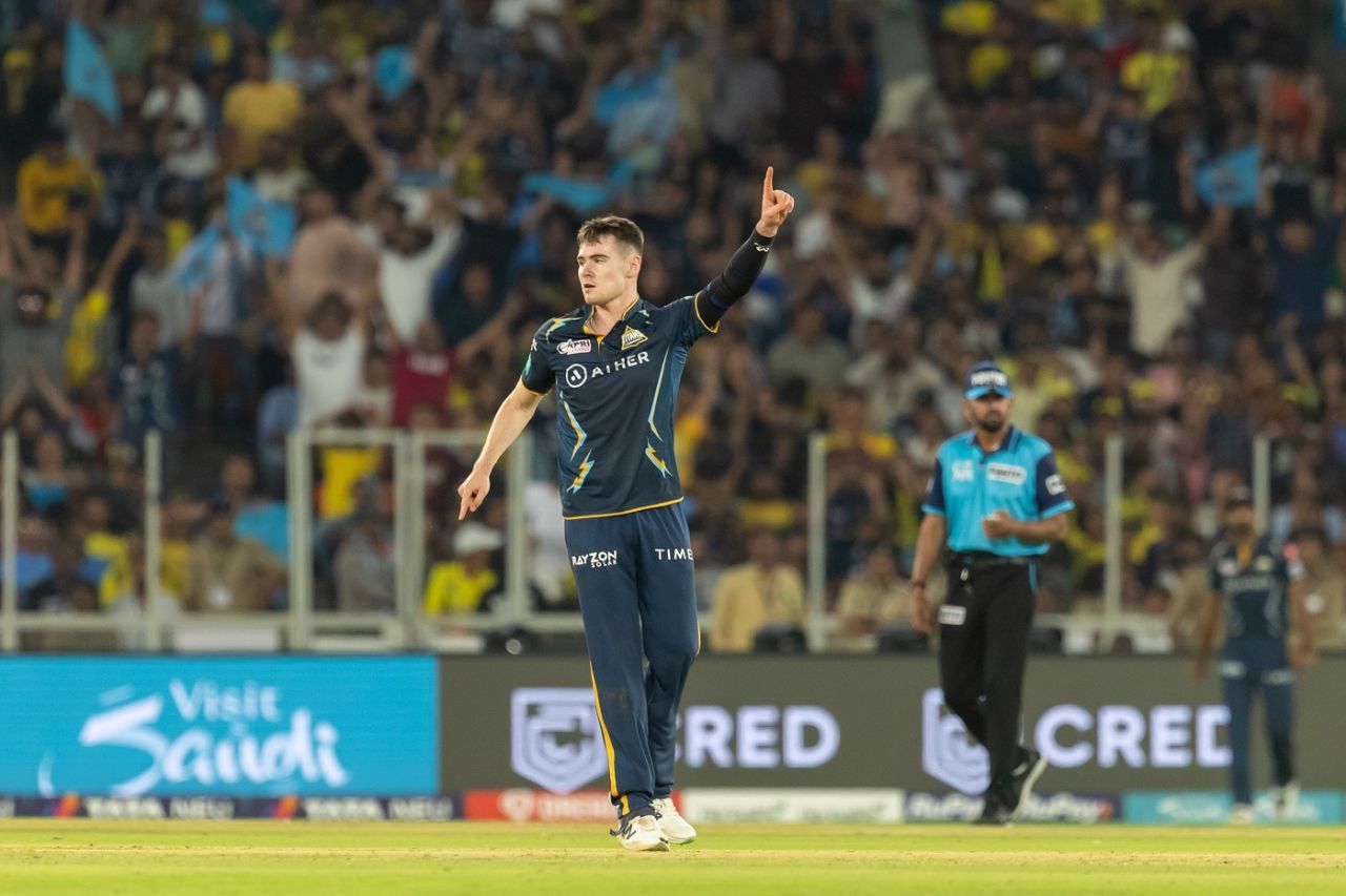 Josh Little celebrates after knocking over Ambati Rayudu, Gujarat Titans vs Chennai Super Kings, IPL 2023, Ahmedabad, March 31, 2023