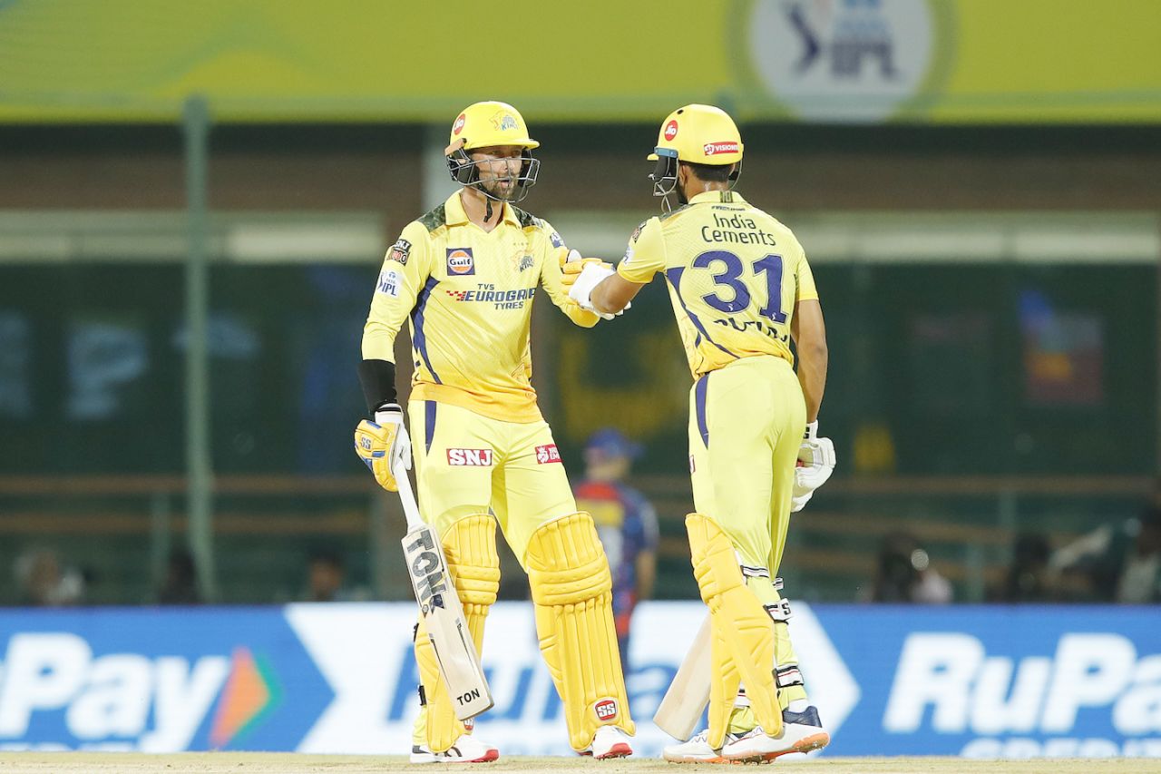 Devon Conway and Ruturaj Gaikwad punch gloves, Chennai Super Kings vs Lucknow Super Giants, IPL 2023, Chennai, April 3, 2023