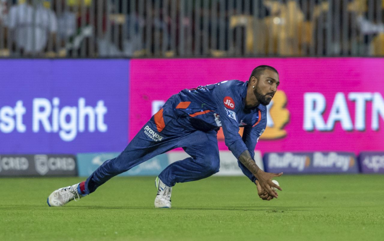 Krunal Pandya dives to catch Devon Conway, Chennai Super Kings vs Lucknow Super Giants, IPL 2023, Chennai, April 3, 2023