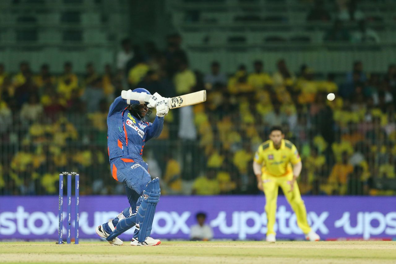 Kyle Mayers hits through the off side, Chennai Super Kings vs Lucknow Super Giants, IPL 2023, Chennai, April 3, 2023