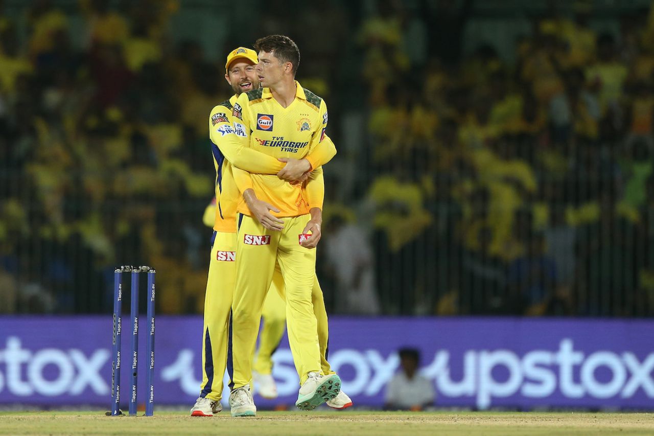 Mitchell Santner and Devon Conway celebrate a wicket, Chennai Super Kings vs Lucknow Super Giants, IPL 2023, Chennai, April 3, 2023